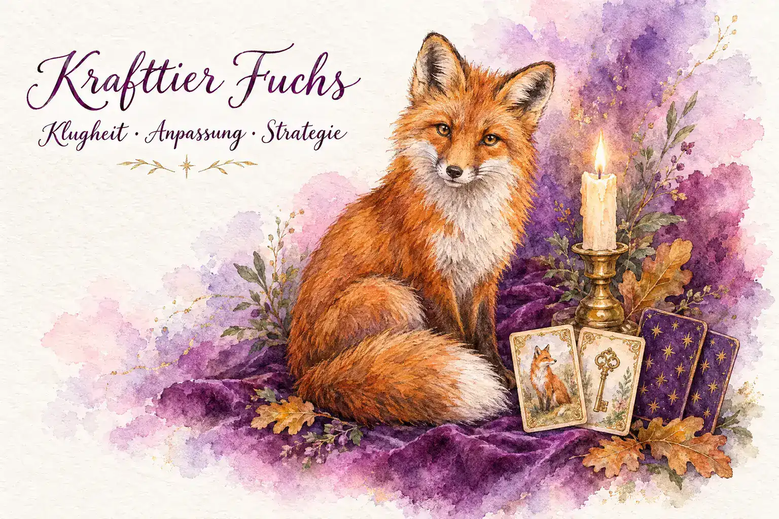 Krafttier Fuchs: Aquarell eines Rotfuchses auf violettem Samt mit Kerze, den Lenormandkarten Fuchs und Schl&uuml;ssel und dem Schriftzug &bdquo;Krafttier Fuchs &ndash; Klugheit &middot; Anpassung &middot; Strategie&ldquo;