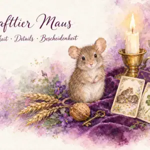 Krafttier Maus: Aquarell einer kleinen Maus auf violettem Samt mit Weizen&auml;hren, Walnuss, Schl&uuml;ssel, Kerze, den Lenormandkarten M&auml;use und Klee und dem Schriftzug &bdquo;Krafttier Maus &ndash; Achtsamkeit &middot; Details &middot; Bescheidenheit&ldquo;