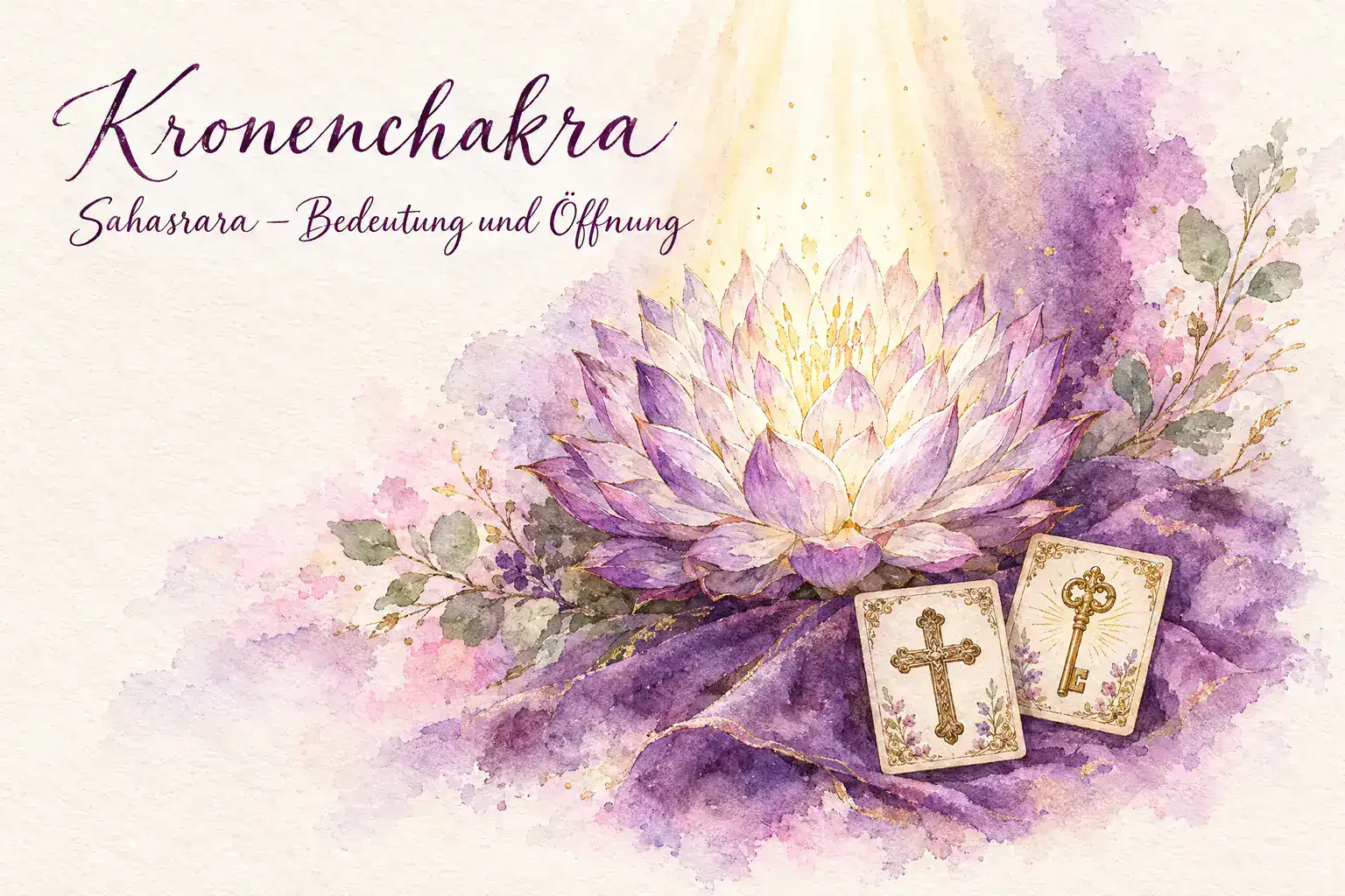 Kronenchakra: Aquarell mit violett-wei&szlig;em tausendbl&auml;ttrigem Lotus im goldenen Licht und den Lenormandkarten Kreuz und Schl&uuml;ssel