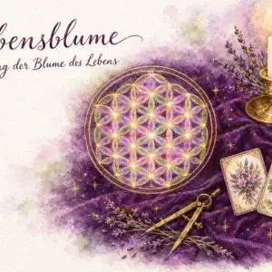 Lenormandkarten Entdecken 15 Lebensblume: Aquarell mit der Blume des Lebens in goldener Tusche, Kerze, Bergkristall, Zirkel, Lavendel und zwei Lenormandkarten (Blumen und Baum) auf violettem Samt