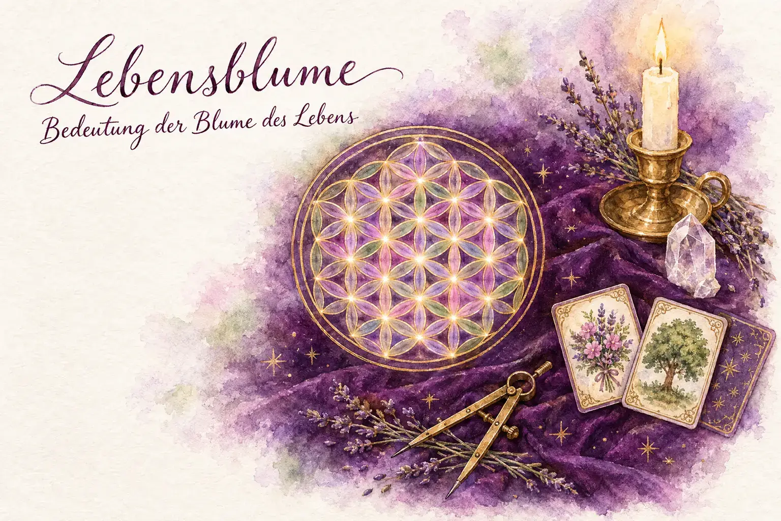 Lebensblume: Aquarell mit der Blume des Lebens in goldener Tusche, Kerze, Bergkristall, Zirkel, Lavendel und zwei Lenormandkarten (Blumen und Baum) auf violettem Samt