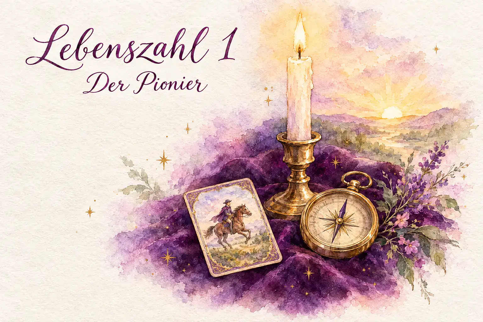 Lebenszahl 1: Aquarell mit Kerze, Lenormandkarte Reiter, Kompass und Sonnenaufgang auf violettem Samt