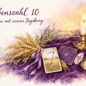 Lebenszahl 10: Aquarell mit Weizengarbe, Lenormandkarte Sense, Kristall, Kompass und Kerze vor aufgehender Sonne