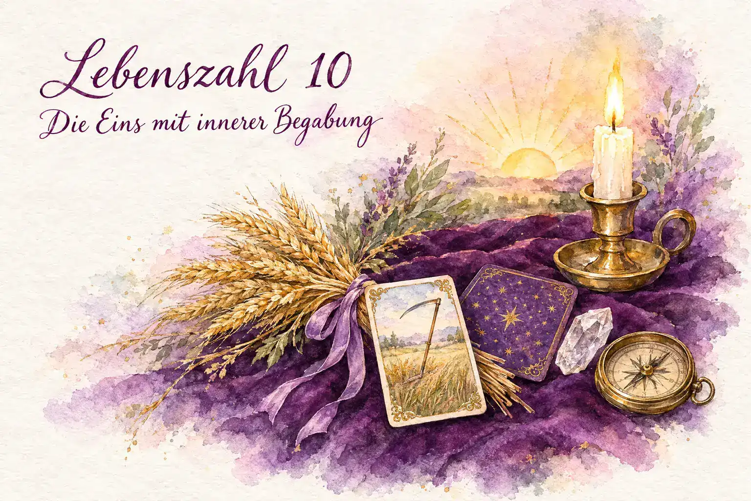 Lebenszahl 10: Aquarell mit Weizengarbe, Lenormandkarte Sense, Kristall, Kompass und Kerze vor aufgehender Sonne