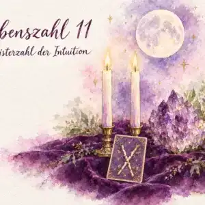 Lebenszahl 11: Aquarell mit zwei Kerzen, Lenormandkarte Ruten, Amethyst, R&auml;ucherst&auml;bchen und Vollmond