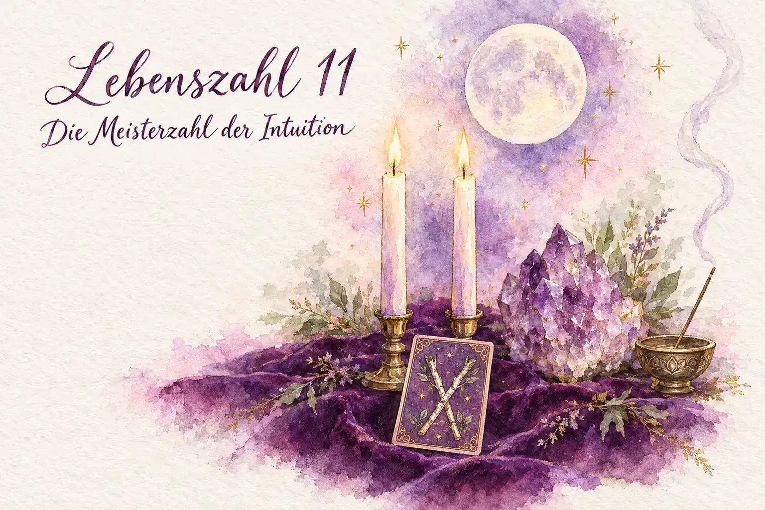 Lebenszahl 11: Aquarell mit zwei Kerzen, Lenormandkarte Ruten, Amethyst, R&auml;ucherst&auml;bchen und Vollmond