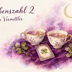Lebenszahl 2: Aquarell mit zwei Teetassen, Lenormandkarte Klee, Kleebl&auml;ttern, Kerze und Mondsichel auf violettem Samt