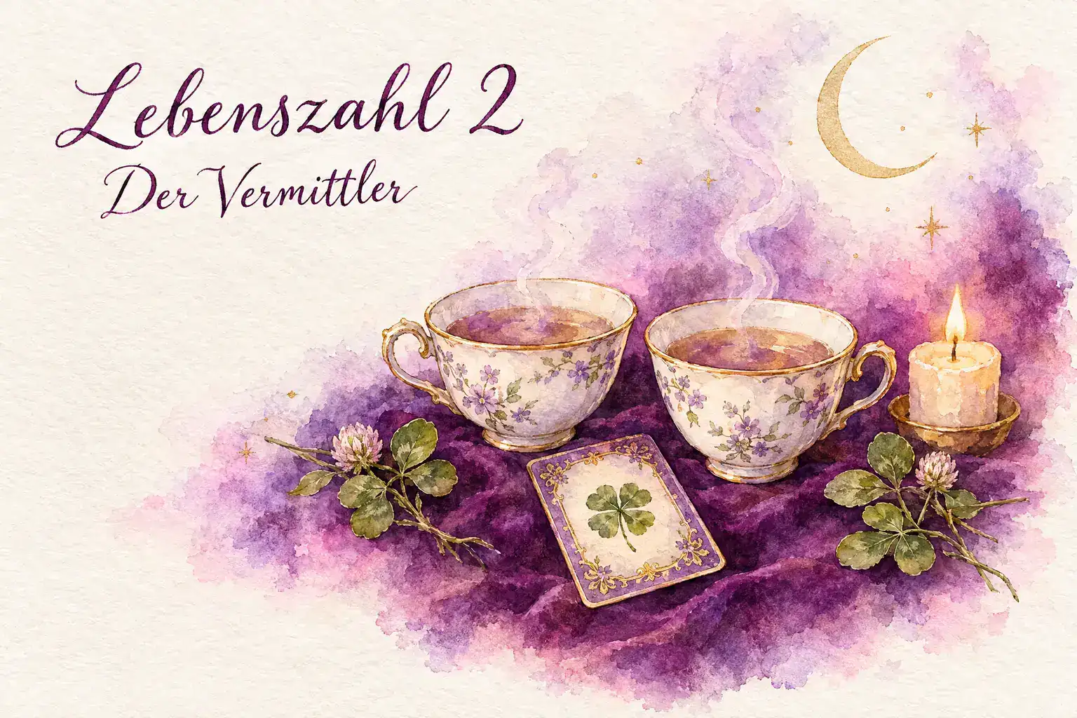 Lebenszahl 2: Aquarell mit zwei Teetassen, Lenormandkarte Klee, Kleebl&auml;ttern, Kerze und Mondsichel auf violettem Samt