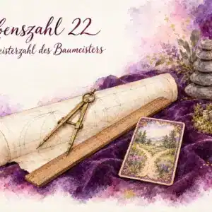 Lebenszahl 22: Aquarell mit Bauzeichnung, Zirkel, Lineal, Lenormandkarte Wege, gestapelten Steinen, kleiner Br&uuml;cke und Kerze auf violettem Samt