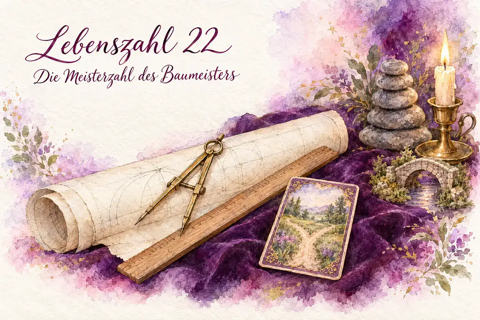 Lebenszahl 22: Aquarell mit Bauzeichnung, Zirkel, Lineal, Lenormandkarte Wege, gestapelten Steinen, kleiner Br&uuml;cke und Kerze auf violettem Samt