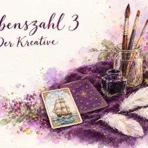 Lebenszahl 3: Aquarell mit Lenormandkarte Schiff, Pinseln im Glas, Tintenfass, Federn und Kerze auf violettem Samt