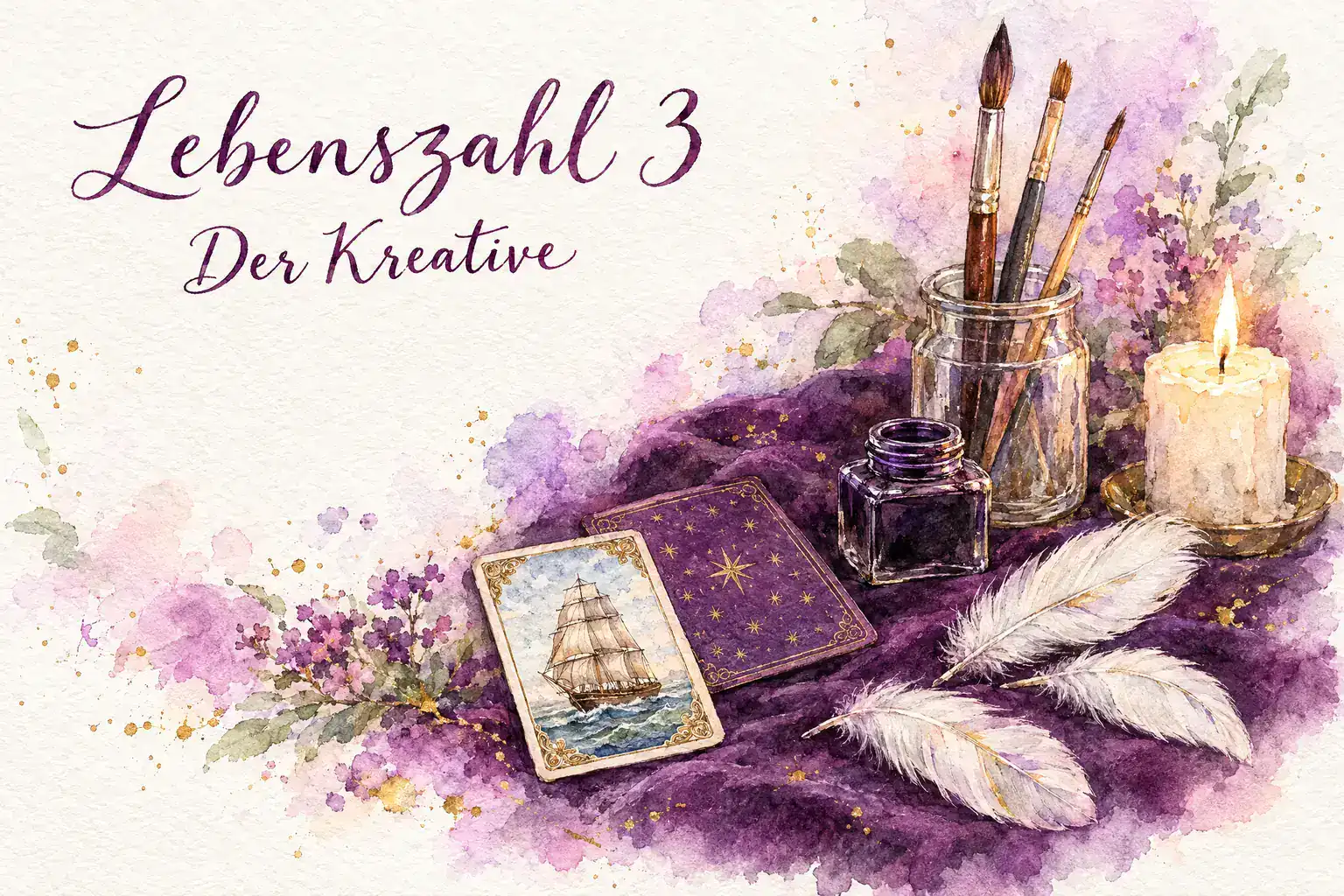Lebenszahl 3: Aquarell mit Lenormandkarte Schiff, Pinseln im Glas, Tintenfass, Federn und Kerze auf violettem Samt