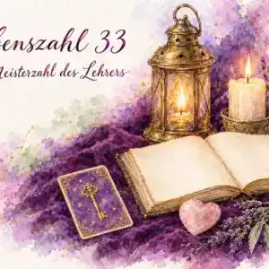 Lebenszahl 33: Aquarell mit Laterne, aufgeschlagenem Buch, Lenormandkarte Schl&uuml;ssel, Rosenquarz-Herz, Kerze und Lavendel auf violettem Samt
