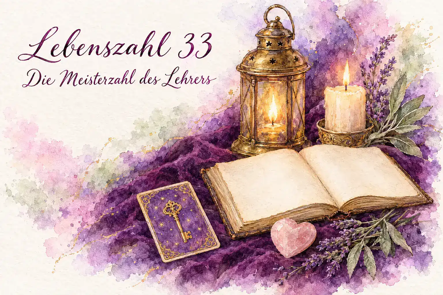 Lebenszahl 33: Aquarell mit Laterne, aufgeschlagenem Buch, Lenormandkarte Schl&uuml;ssel, Rosenquarz-Herz, Kerze und Lavendel auf violettem Samt