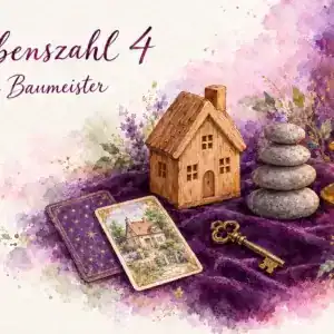 Lebenszahl 4: Aquarell mit Holzhaus, Lenormandkarte Haus, gestapelten Steinen, Schl&uuml;ssel und Kerze auf violettem Samt
