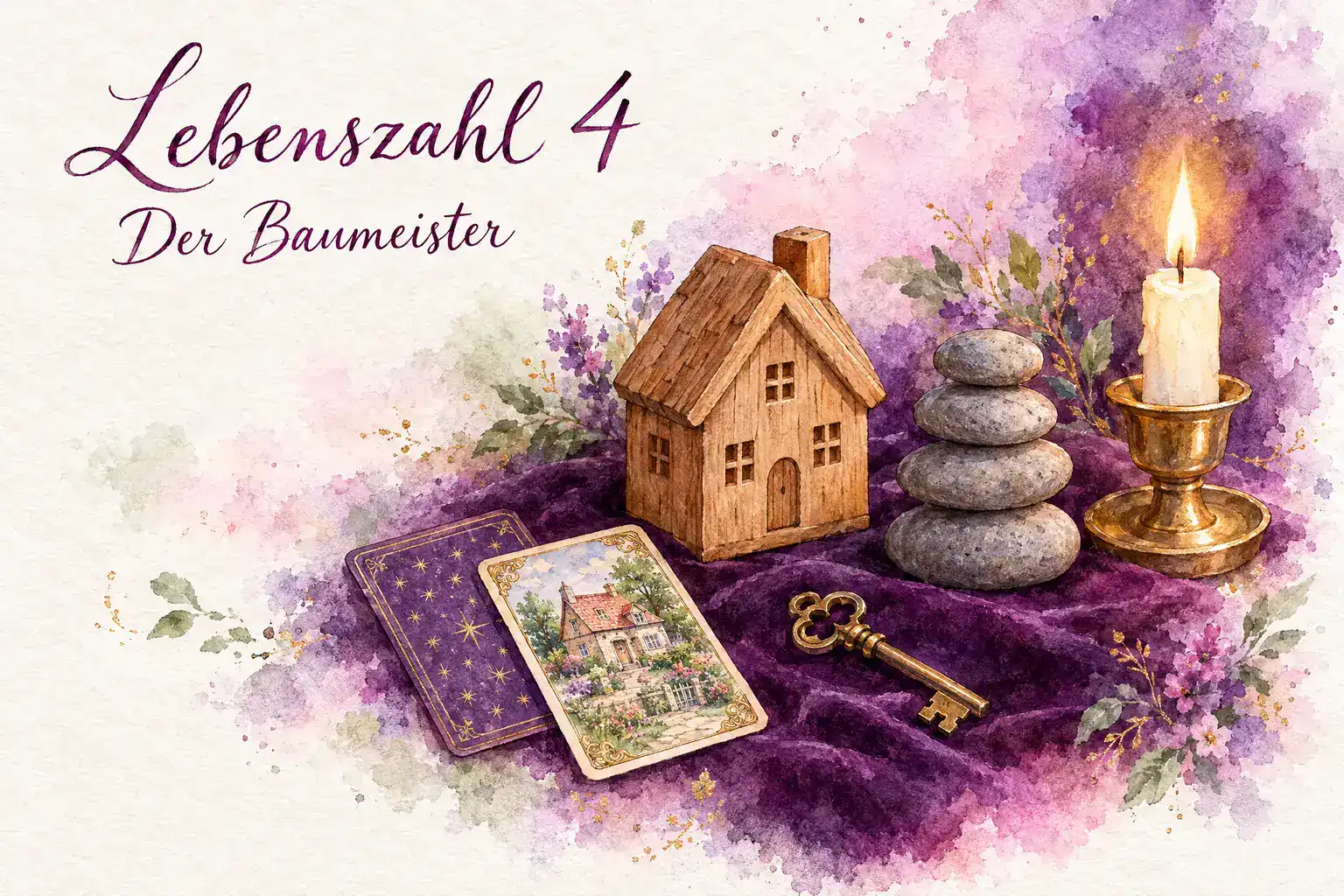Lebenszahl 4: Aquarell mit Holzhaus, Lenormandkarte Haus, gestapelten Steinen, Schl&uuml;ssel und Kerze auf violettem Samt