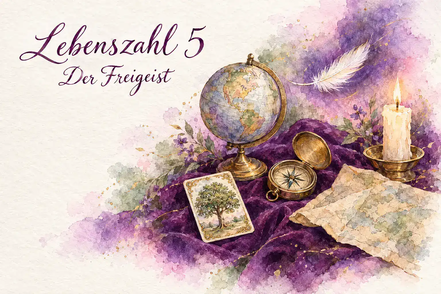 Lebenszahl 5: Aquarell mit Globus, Lenormandkarte Baum, Kompass, Feder, Landkarte und Kerze auf violettem Samt