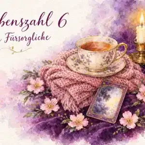 Lebenszahl 6: Aquarell mit Teetasse auf gestricktem Tuch, Lenormandkarte Wolken, Bl&uuml;ten, Honigglas und Kerze auf violettem Samt