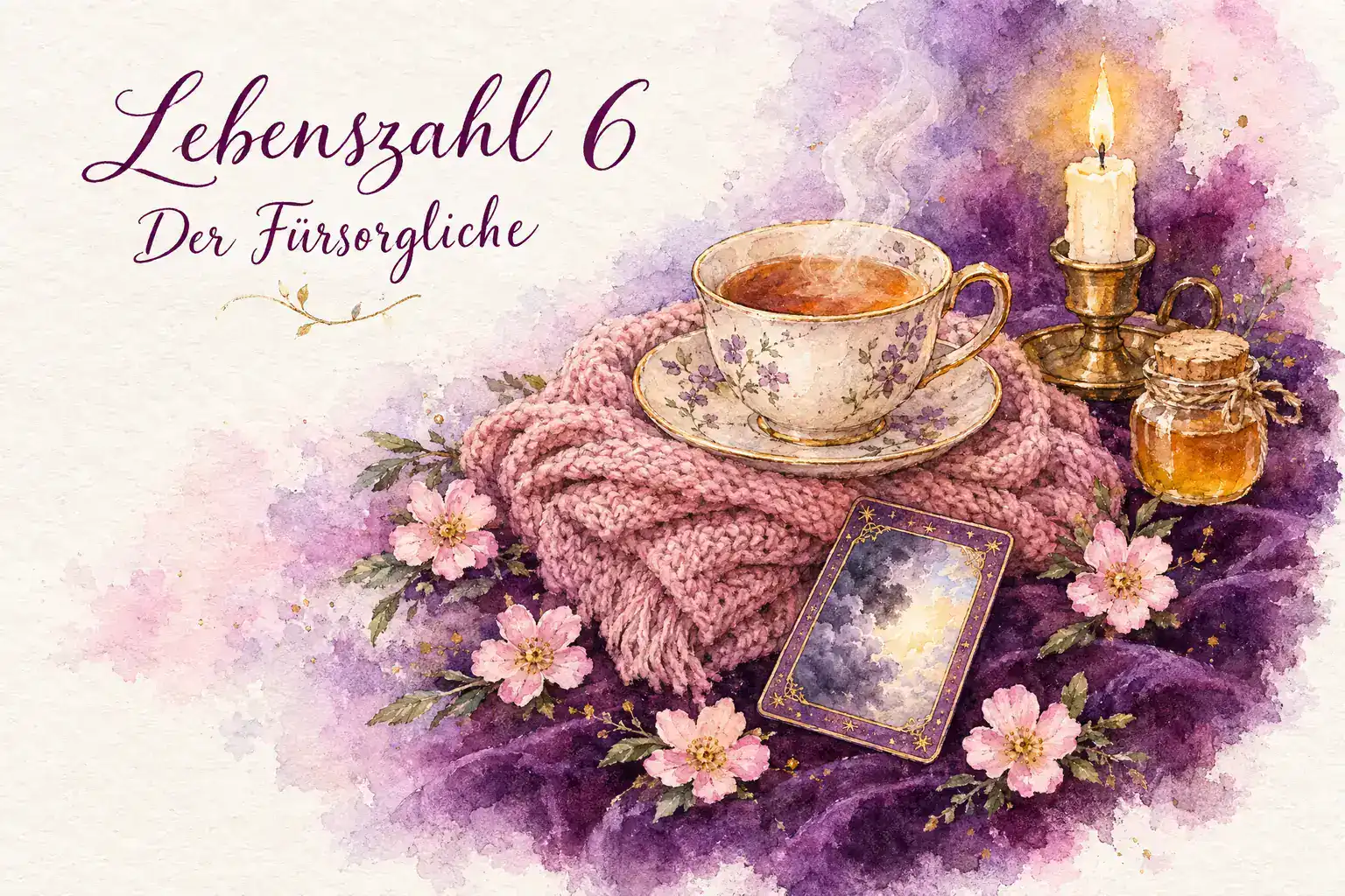 Lebenszahl 6: Aquarell mit Teetasse auf gestricktem Tuch, Lenormandkarte Wolken, Bl&uuml;ten, Honigglas und Kerze auf violettem Samt