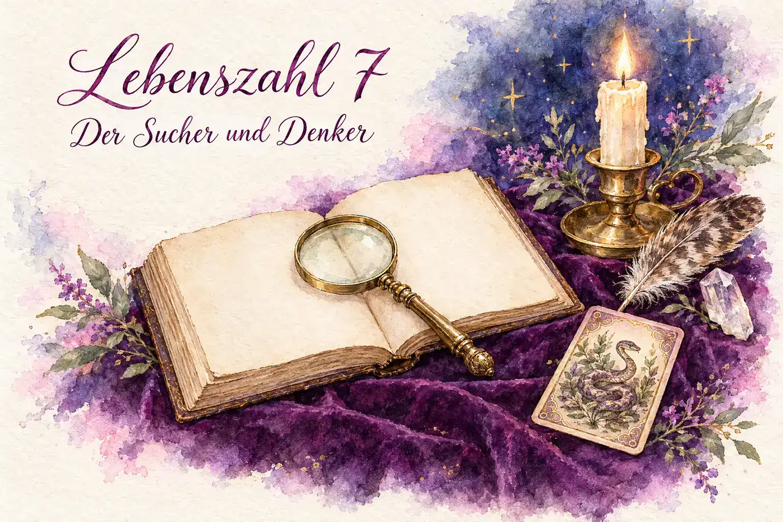 Lebenszahl 7: Aquarell mit aufgeschlagenem Buch, Lupe, Lenormandkarte Schlange, Feder, Kristall und Kerze vor Sternenhimmel