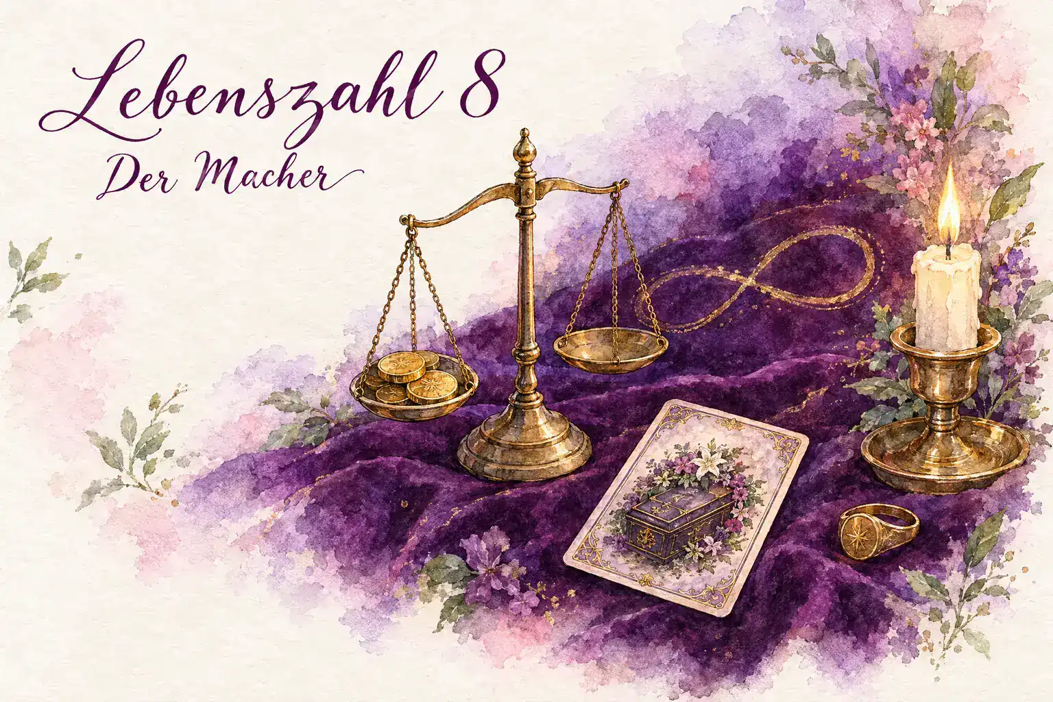Lebenszahl 8: Aquarell mit Messingwaage, Goldm&uuml;nzen, Lenormandkarte Sarg mit Blumen, Unendlichkeitszeichen, Siegelring und Kerze auf violettem Samt