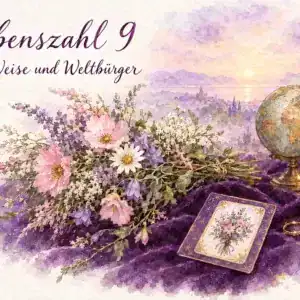 Lebenszahl 9: Aquarell mit Wildblumenstrau&szlig;, Lenormandkarte Blumen, Globus, Ring und Kerze im Morgenlicht