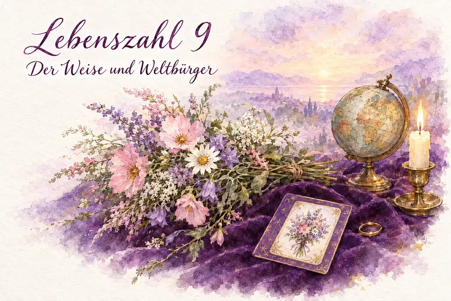 Lebenszahl 9: Aquarell mit Wildblumenstrau&szlig;, Lenormandkarte Blumen, Globus, Ring und Kerze im Morgenlicht