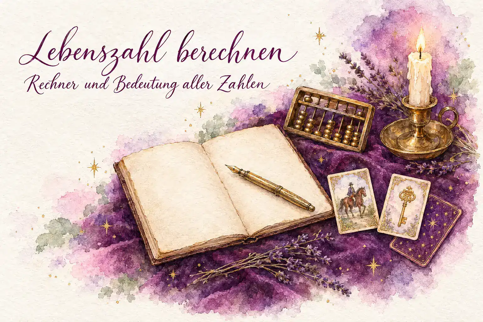 Lebenszahl berechnen: Aquarell mit aufgeschlagenem Notizbuch, F&uuml;ller, Messing-Abakus, Kerze, zwei Lenormandkarten (Reiter und Schl&uuml;ssel) und Lavendel auf violettem Samt