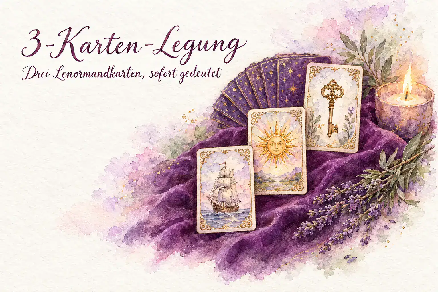 3-Karten-Legung kostenlos 1 Lenormand 3-Karten-Legung: Aquarell mit drei stufenweise ansteigenden Lenormandkarten – Schiff, Sonne und Schlüssel –, dahinter verdeckter Kartenfächer, Kerze und Lavendel