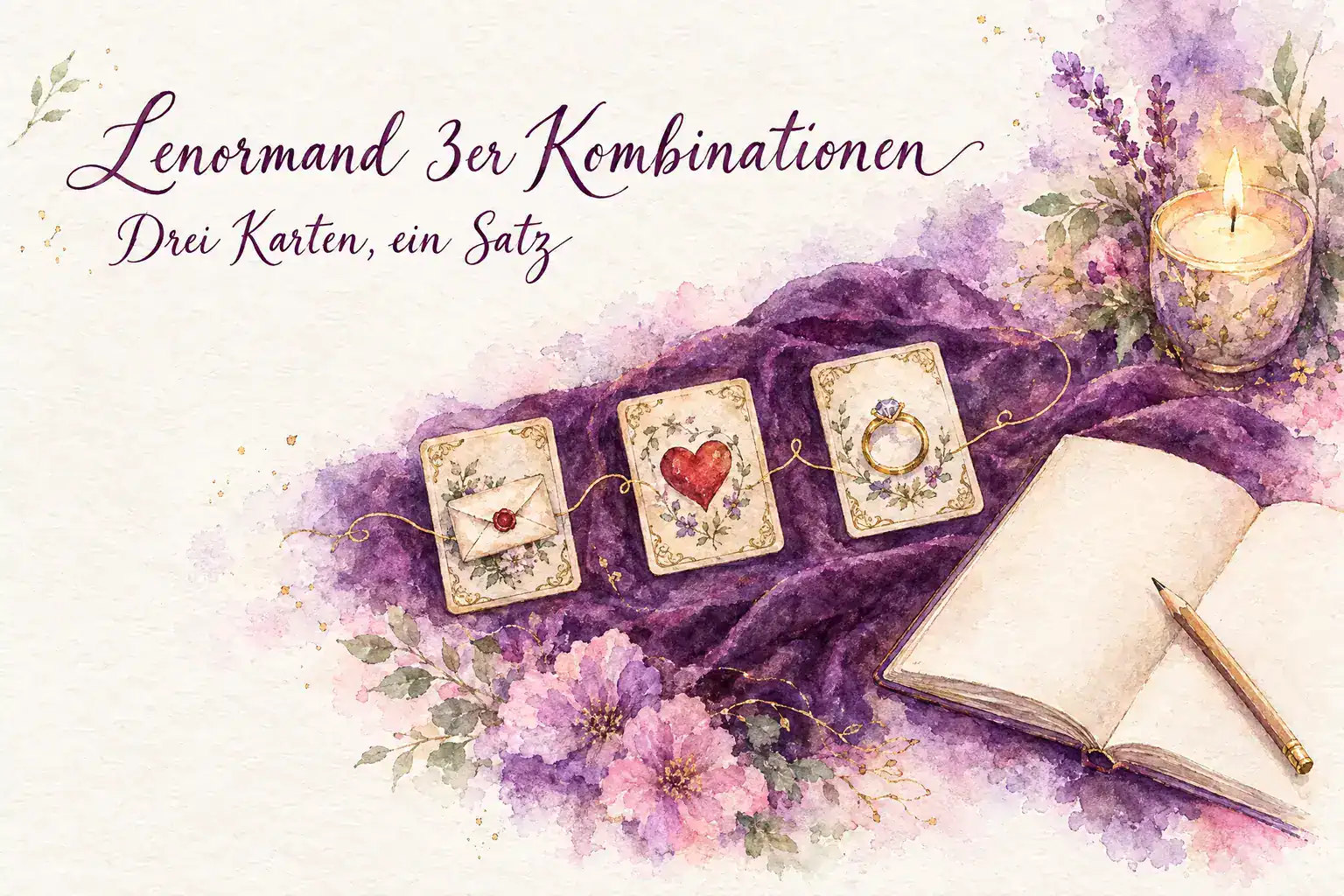 Lenormand 3er Kombinationen deuten: Aquarell mit den Karten Brief, Herz und Ring in einer Reihe, verbunden durch eine goldene Linie, daneben Notizbuch und Kerze