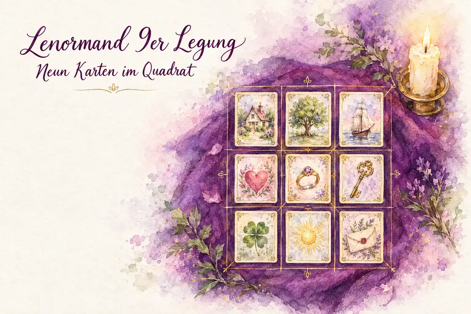 Lenormand 9er Legung: Aquarell mit neun Lenormandkarten im Quadrat &ndash; Haus, Baum, Schiff, Herz, Ring in der Mitte, Schl&uuml;ssel, Klee, Sonne und Brief &ndash; in einem feinen goldenen Raster, daneben Kerze