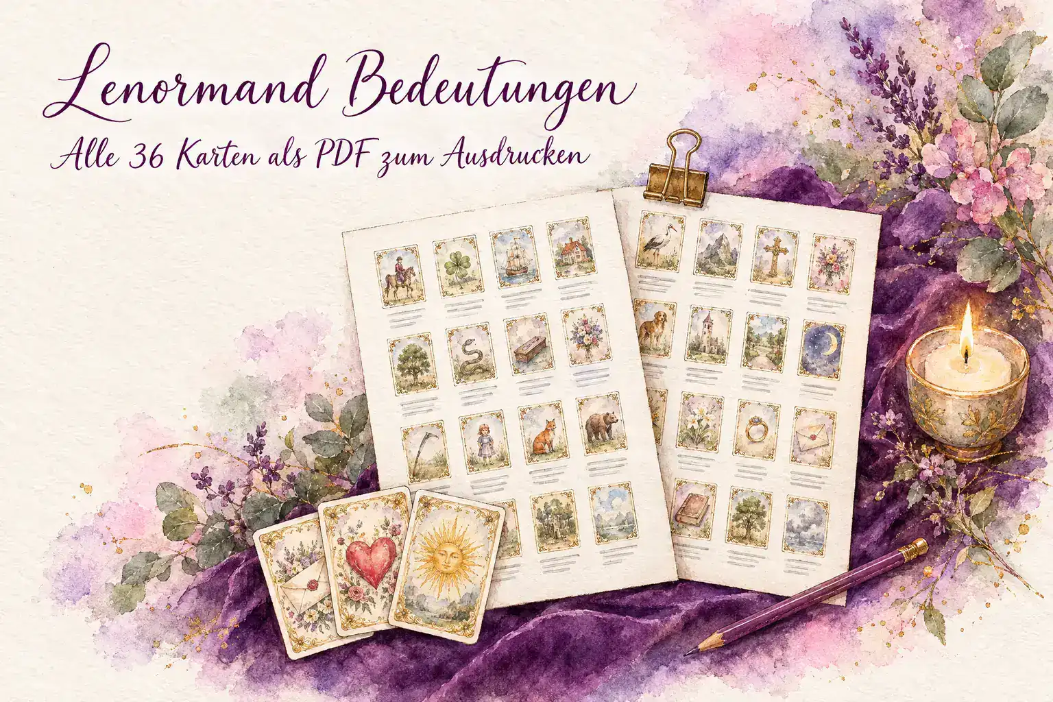 Lenormand Bedeutungen PDF: Aquarell mit zwei ausgedruckten &Uuml;bersichtsbl&auml;ttern, Kartenf&auml;cher mit Brief, Herz und Sonne, Bleistift und Kerze