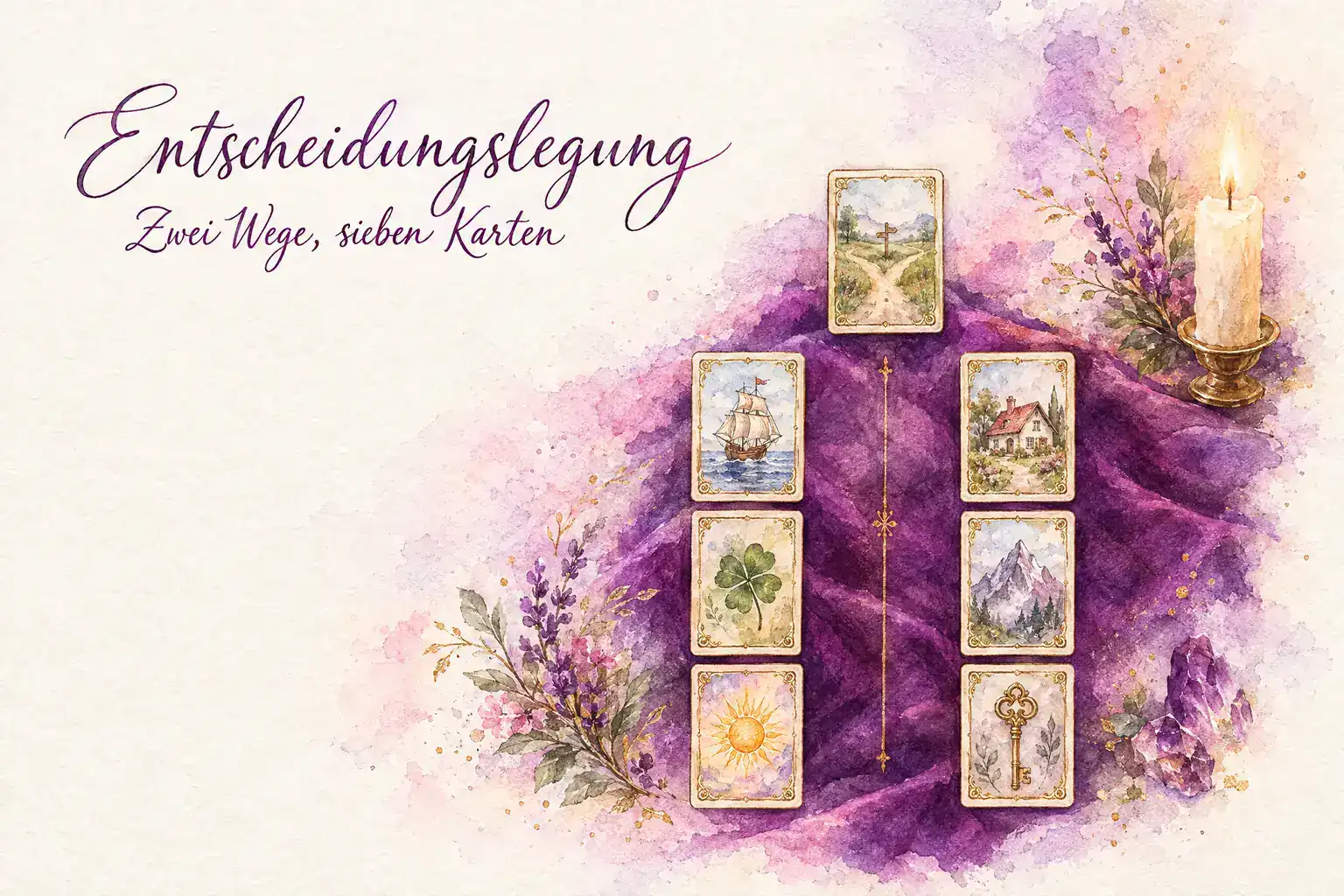 Lenormand Entscheidungslegung: Aquarell mit der Karte Wege oben und zwei Spalten zu je drei Lenormandkarten – Schiff, Klee, Sonne und Haus, Berg, Schlüssel –, getrennt durch eine goldene Linie