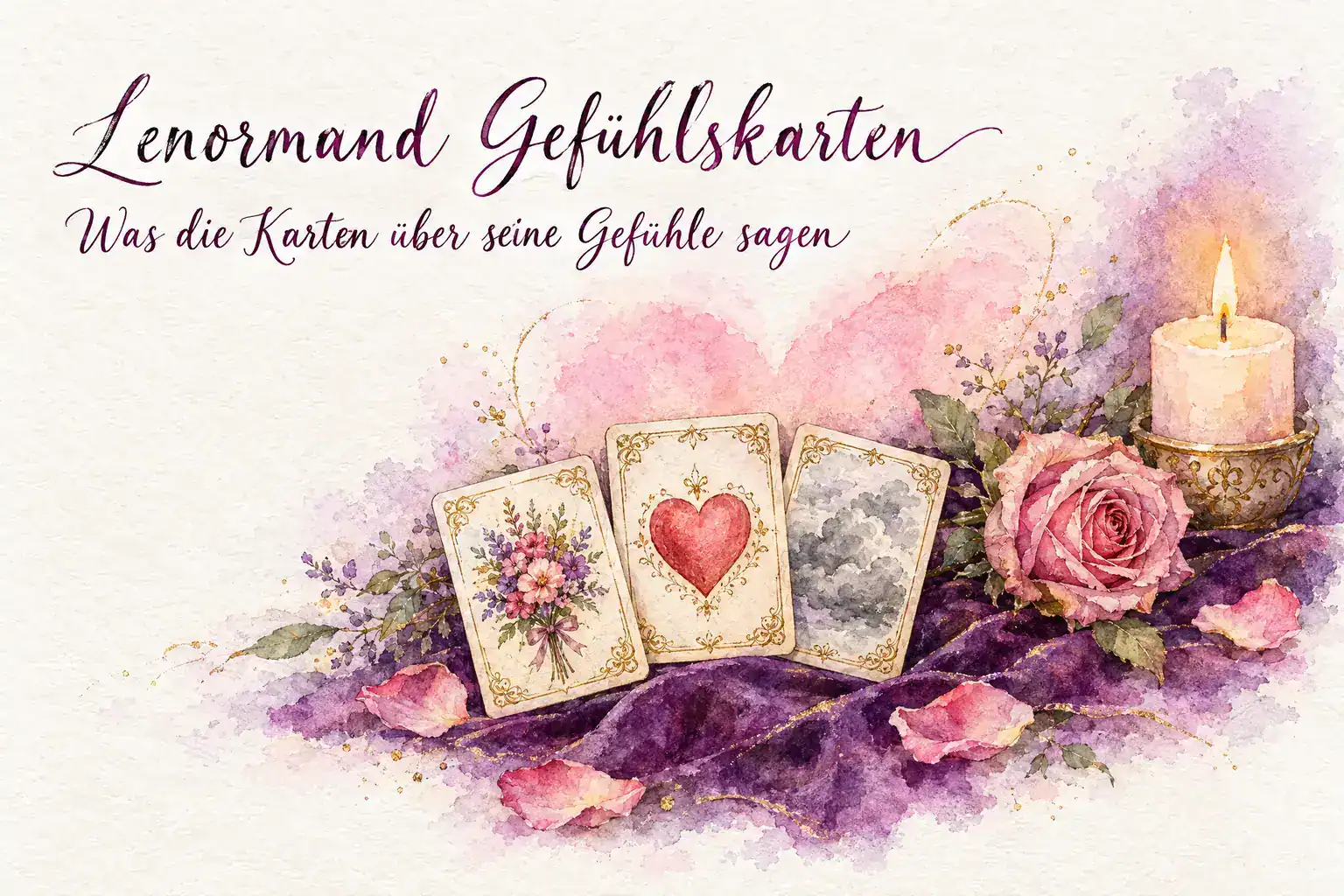 Lenormand Gef&uuml;hlskarten: Aquarell mit den Karten Blumen, Herz und Wolken vor einem rosa Herzschimmer, daneben Rose und Kerze