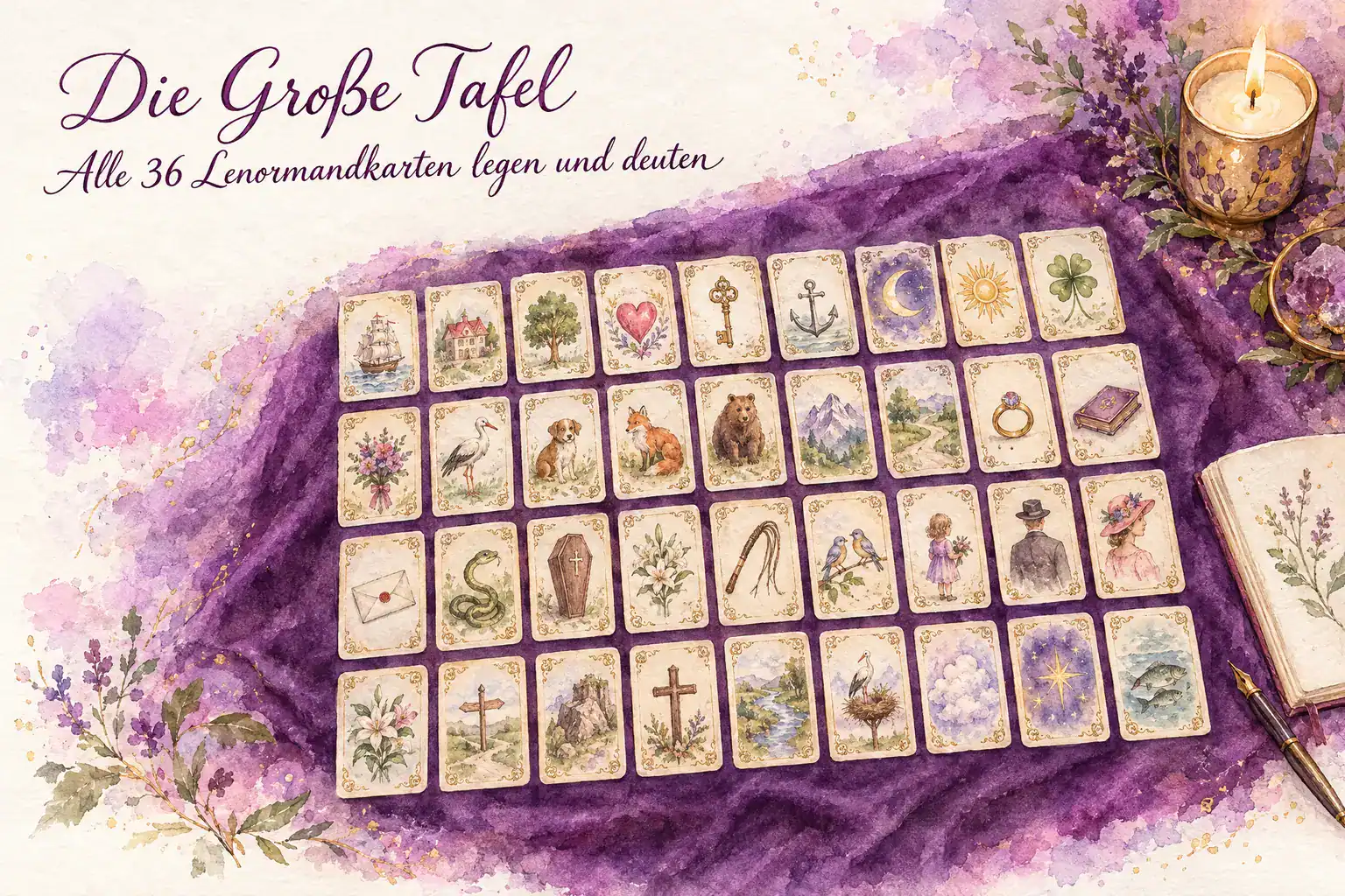 Lenormand Gro&szlig;e Tafel: Aquarell mit 36 Lenormandkarten in vier Reihen zu je neun Karten auf violettem Samt, daneben Kerze und Notizbuch