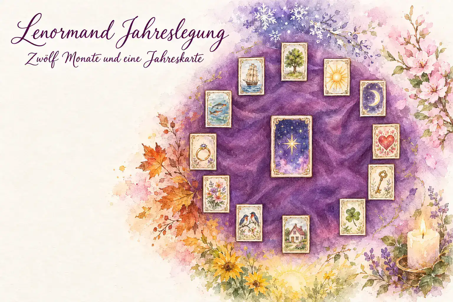 Lenormand Jahreslegung: Aquarell mit zwölf Lenormandkarten im Kreis wie ein Zifferblatt und der Jahreskarte Sterne in der Mitte, ringsum Schneeflocken, Blüten, Sonnenlicht und Herbstlaub