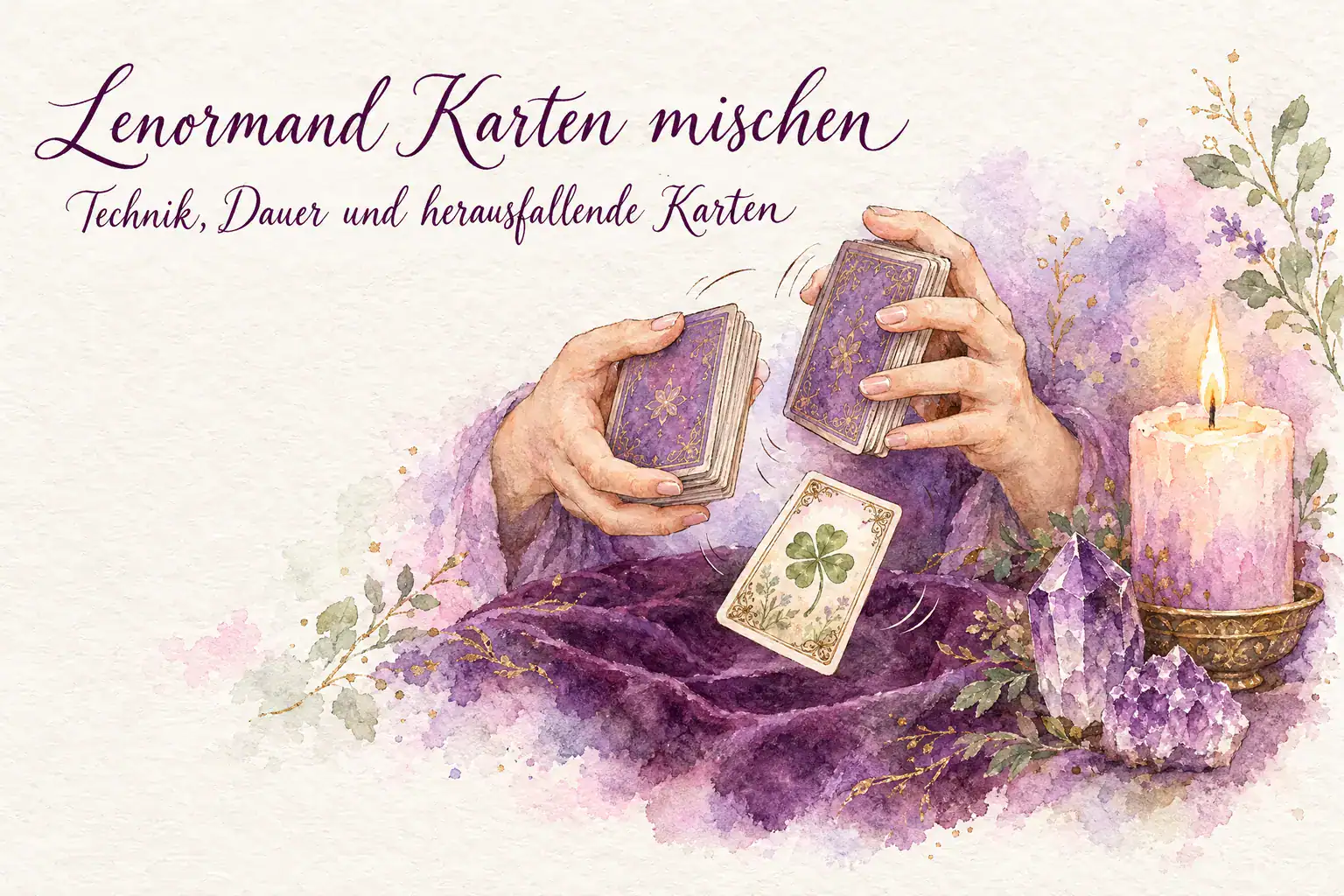 Lenormand Karten mischen: Aquarell mit zwei H&auml;nden, die das Deck mischen, eine Karte mit Kleeblatt f&auml;llt heraus, daneben Kerze und Amethyste