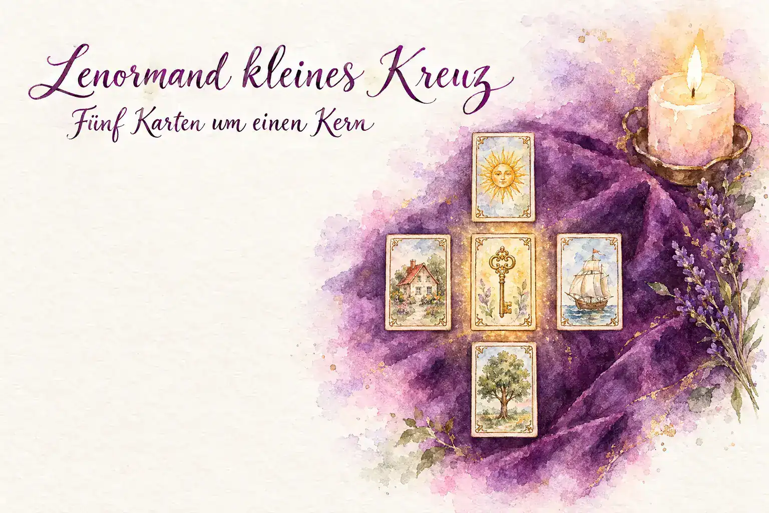 Kleines Kreuz 1 Lenormand kleines Kreuz: Aquarell mit fünf Lenormandkarten im Kreuz – Schlüssel in der Mitte, links Haus, rechts Schiff, oben Sonne, unten Baum –, daneben Kerze und Lavendel