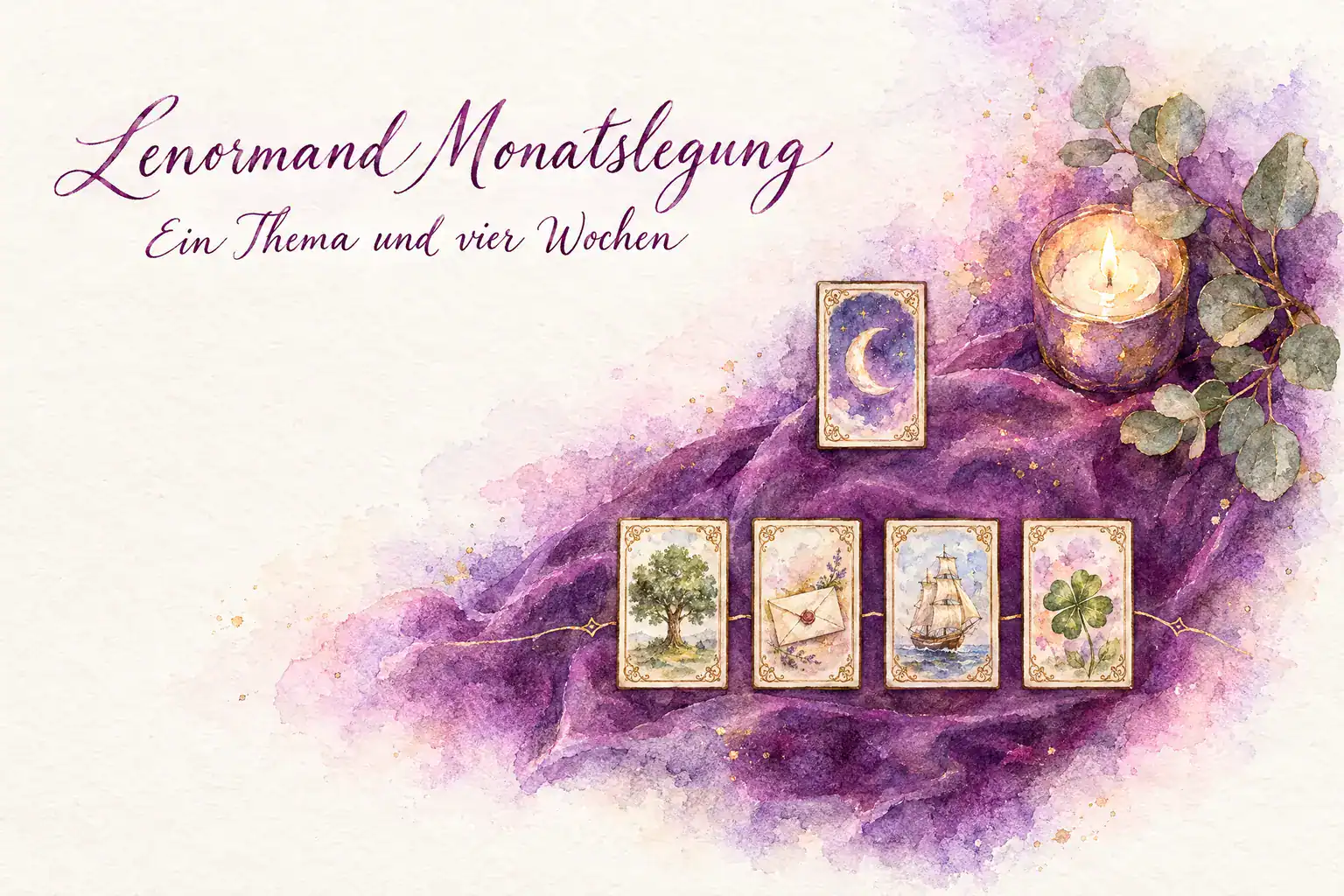 Monatslegung 1 Lenormand Monatslegung: Aquarell mit der Themakarte Mond oben und vier Wochenkarten – Baum, Brief, Schiff und Klee – in einer Reihe darunter, daneben Kerze