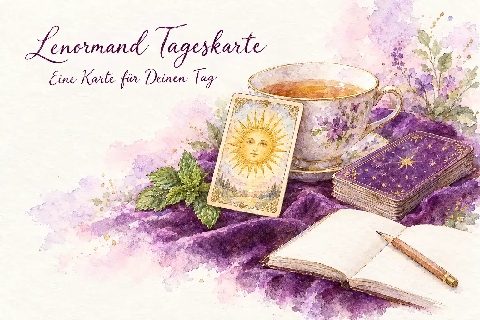 Lenormand Tageskarte: Aquarell mit der aufgedeckten Karte Sonne an einer Teetasse im Morgenlicht, daneben verdecktes Deck, Notizbuch und Minze