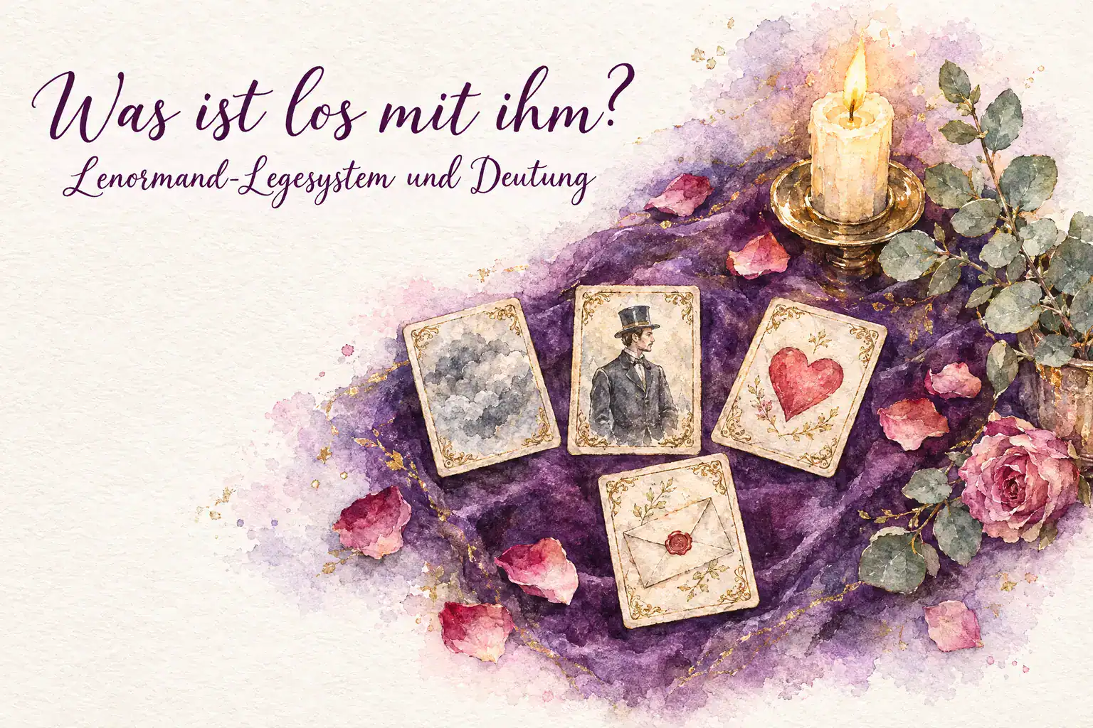 Lenormand Was ist los mit ihm: Aquarell mit der Herr-Karte in der Mitte, umgeben von Wolken, Herz und Brief, daneben Kerze und Rosenbl&auml;tter
