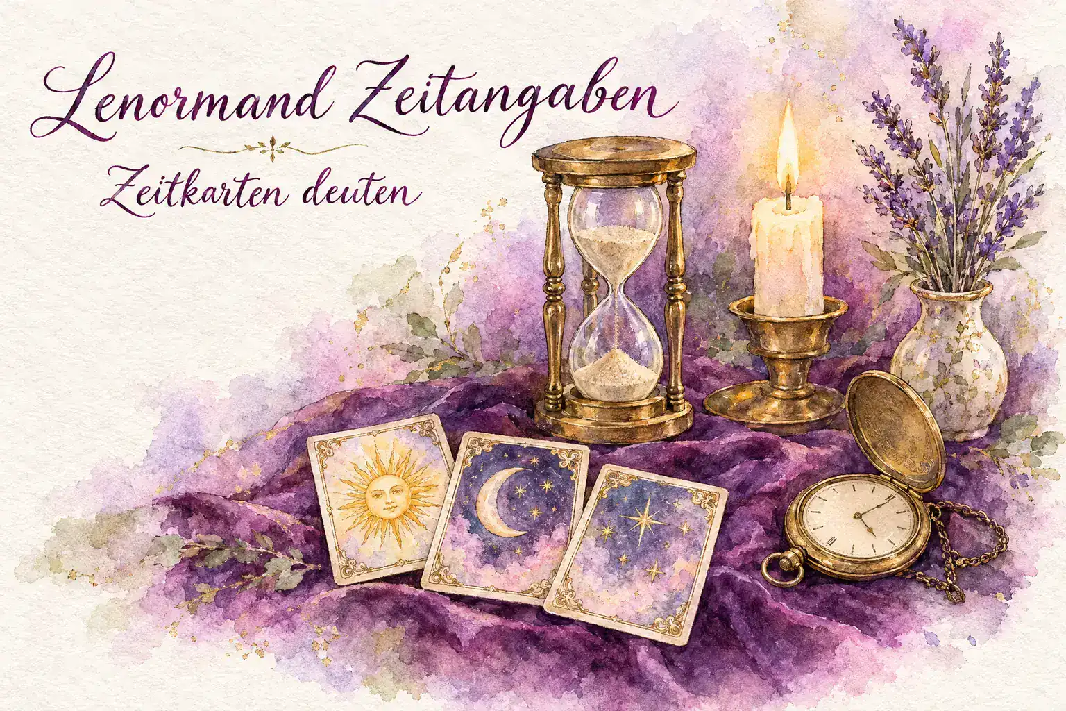 Lenormand Zeitangaben: Aquarell mit Sanduhr zwischen den Lenormandkarten Sonne, Mond und Sterne, daneben Taschenuhr, Kerze und Lavendel
