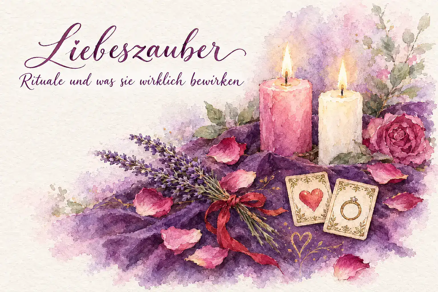 Liebeszauber: Aquarell mit rosa und weißer Kerze, Rosenblättern, mit rotem Band gebundenem Lavendel und den Lenormandkarten Herz und Ring