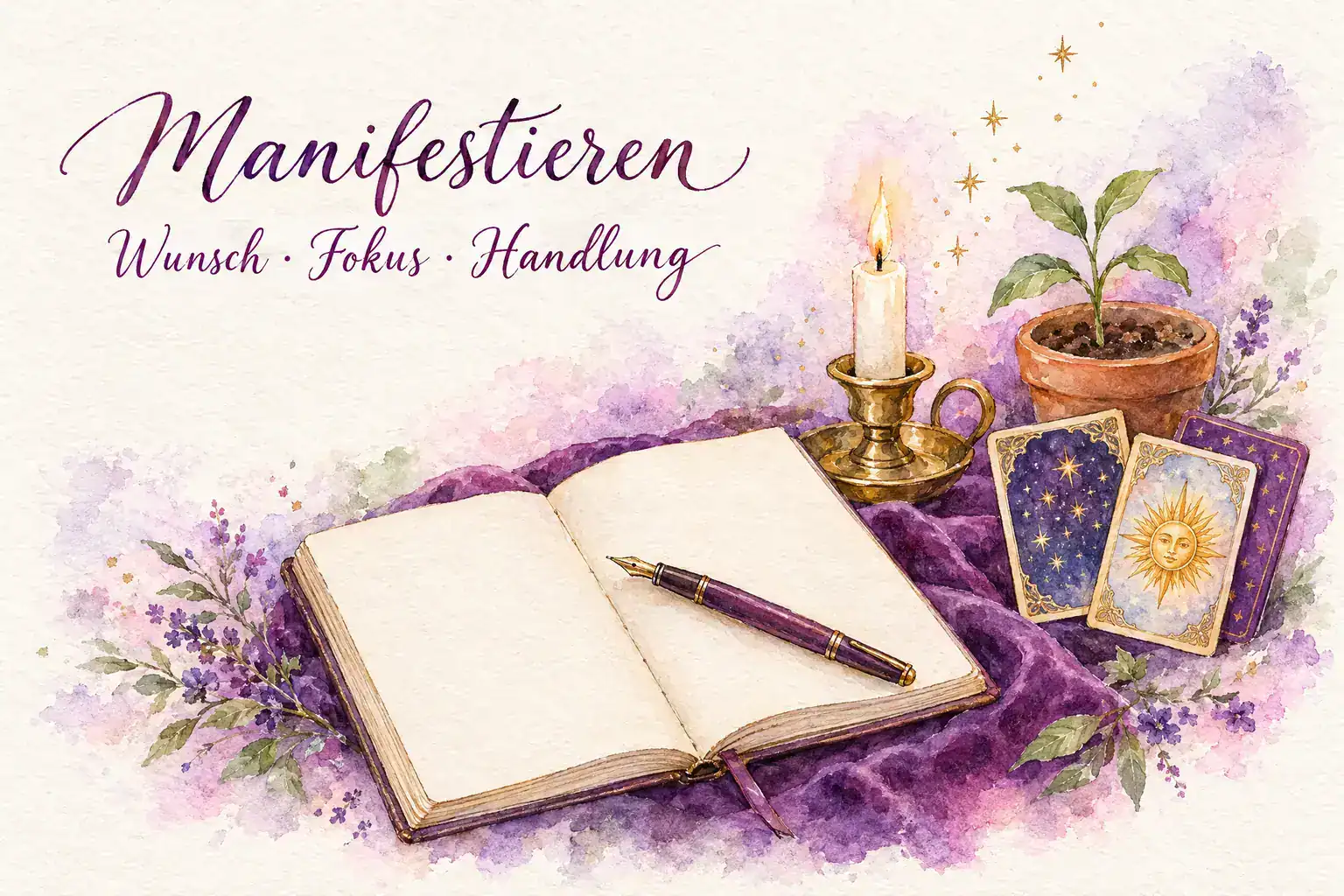 Aquarell: aufgeschlagenes leeres Notizbuch mit F&uuml;llfederhalter, Kerze, kleiner Setzling im Tontopf und goldene Sterne neben den Lenormandkarten Sterne und Sonne, Schriftzug &bdquo;Manifestieren &ndash; Wunsch &middot; Fokus &middot; Handlung&ldquo;