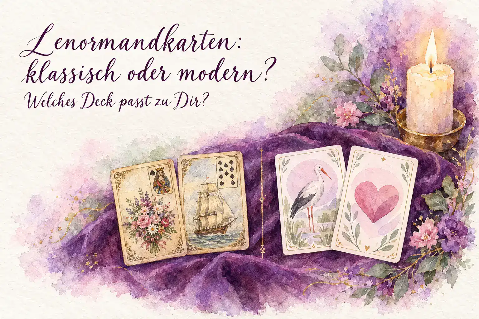 Moderne Lenormandkarten: Aquarell mit zwei klassischen Karten mit Blumenstrau&szlig; und Schiff links und zwei modernen Karten mit Storch und Herz rechts