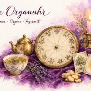 Aquarell in Violett und Gold mit dem Schriftzug &bdquo;Die Organuhr &ndash; Rhythmus &middot; Organe &middot; Tageszeit&ldquo;: ein rundes Messing-Zifferblatt mit zw&ouml;lf Feldern und Pflanzenmotiven, eine Teekanne mit dampfender Tasse, Lavendel, Ingwer, eine Kerze und die Lenormandkarten Baum und Sonne