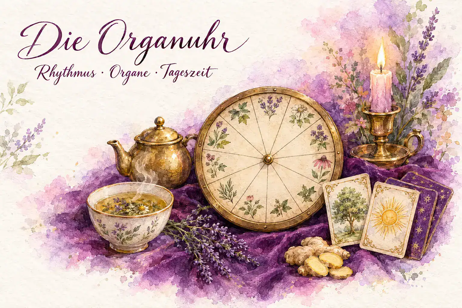 Aquarell in Violett und Gold mit dem Schriftzug &bdquo;Die Organuhr &ndash; Rhythmus &middot; Organe &middot; Tageszeit&ldquo;: ein rundes Messing-Zifferblatt mit zw&ouml;lf Feldern und Pflanzenmotiven, eine Teekanne mit dampfender Tasse, Lavendel, Ingwer, eine Kerze und die Lenormandkarten Baum und Sonne