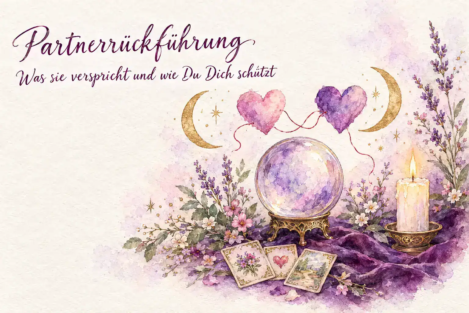 Partnerr&uuml;ckf&uuml;hrung: Aquarell mit zwei Herzen zwischen goldenen Mondsicheln &uuml;ber einer Kristallkugel, verbunden durch einen losen roten Faden