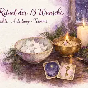 Rauhn&auml;chte 13 W&uuml;nsche: Aquarell mit einer Schale gefalteter Wunschzettel, einem brennenden Zettel in einer Messingschale mit Sand, Kerze, F&uuml;ller, Tannenzweigen, Orangenscheiben und den Lenormandkarten Sterne und Schl&uuml;ssel, im Fenster Schneeflocken und Mondsichel