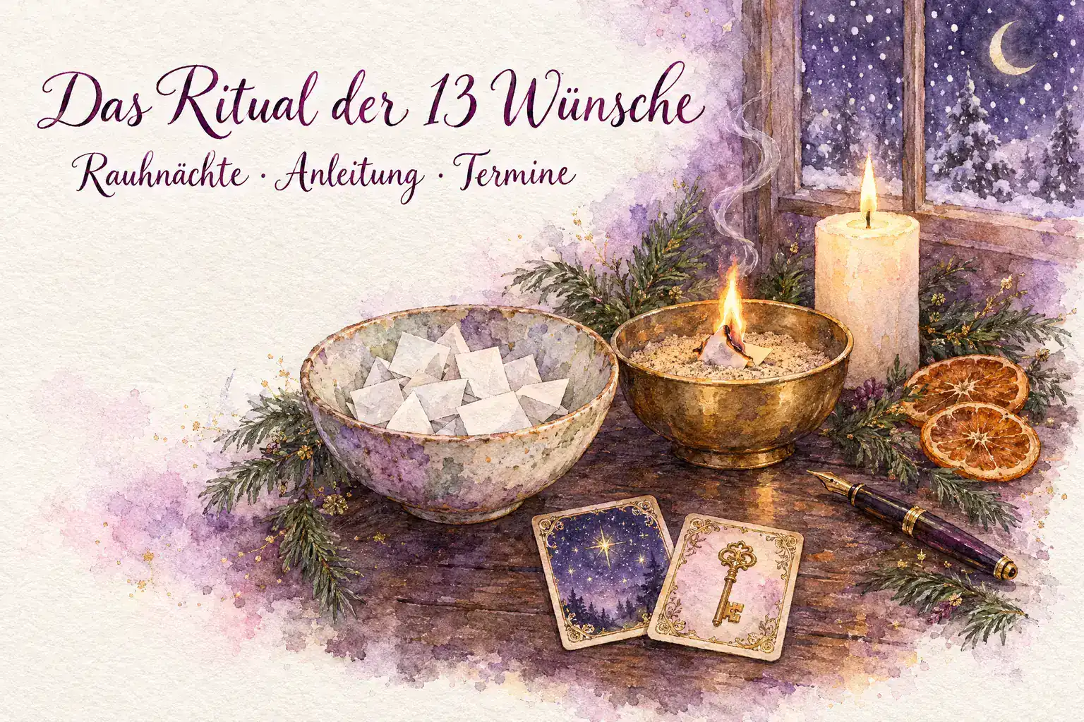 Rauhnächte 13 Wünsche: Aquarell mit einer Schale gefalteter Wunschzettel, einem brennenden Zettel in einer Messingschale mit Sand, Kerze, Füller, Tannenzweigen, Orangenscheiben und den Lenormandkarten Sterne und Schlüssel, im Fenster Schneeflocken und Mondsichel